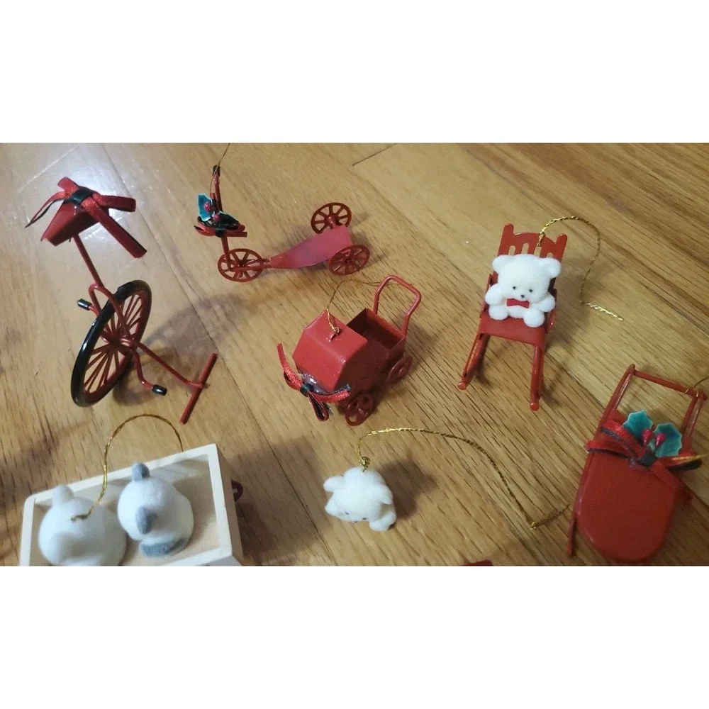 Vintage 80s Flocked Teddy Bear Christmas Ornaments Red Metal Lot Sled Wagon
